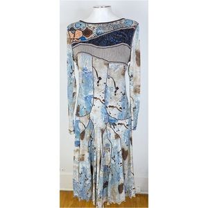 EUC DIDIER PARAKIAN VTG Abstract Blue & Taupe Long Sleeve Maxi Dress
